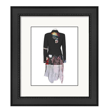Art print of a one-of-a-kind jacket titled Daphene Jacket, designed by Sara Palacios with sheer chiffon, floral embellishments, and textile layering.