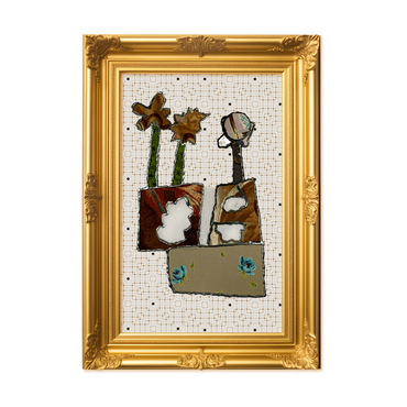 Decorative wall art with flowers and abstract elements in a gold frame on a white background