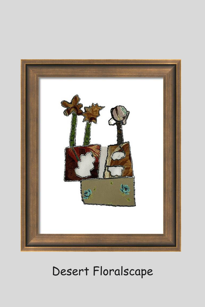 Framed artwork titled 'Desert Floralscape' with floral elements and a wooden frame.
