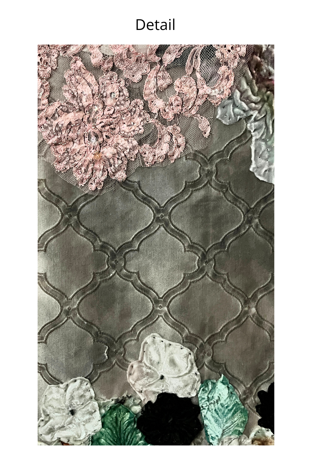 A close-up fabric detail shot showing a gray trellis patterned textile with pink floral lace at the top and white and green floral appliqués at the bottom, labeled 'Detail' above.