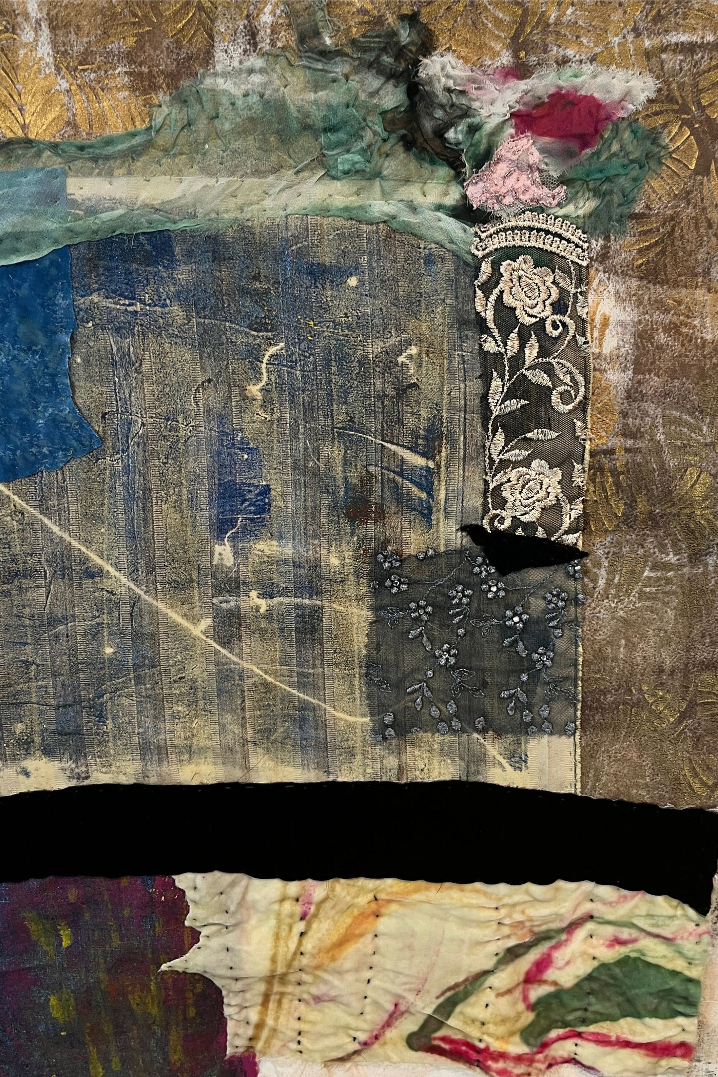 Collage of textured fabric with floral embroidery and abstract patterns