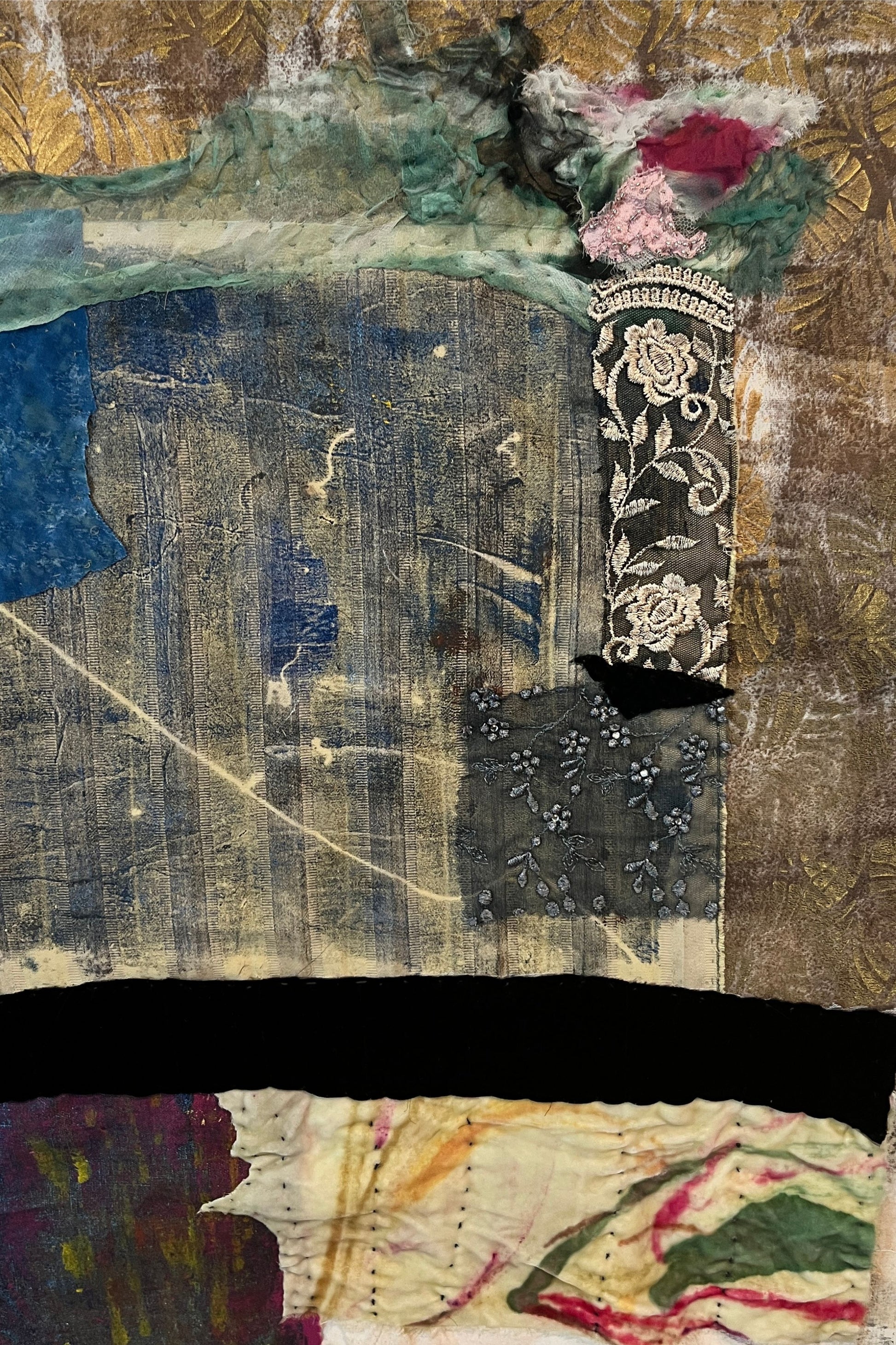 Collage of textured fabric with floral embroidery and abstract patterns