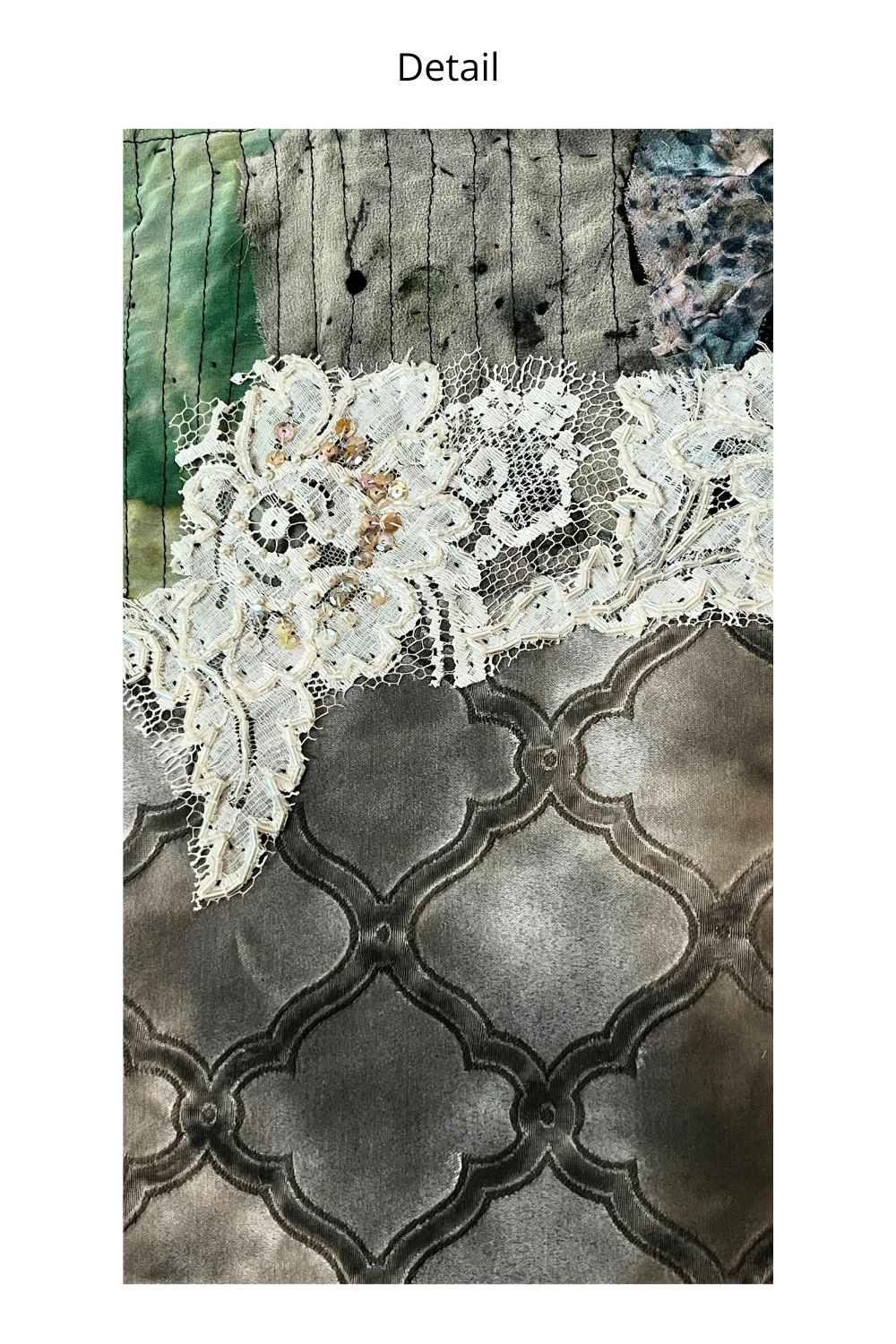 A close-up fabric detail shot labeled 'Detail' at the top, showing a white floral lace applique layered over a gray quilted textile with mixed green and blue patterned fabric sections.