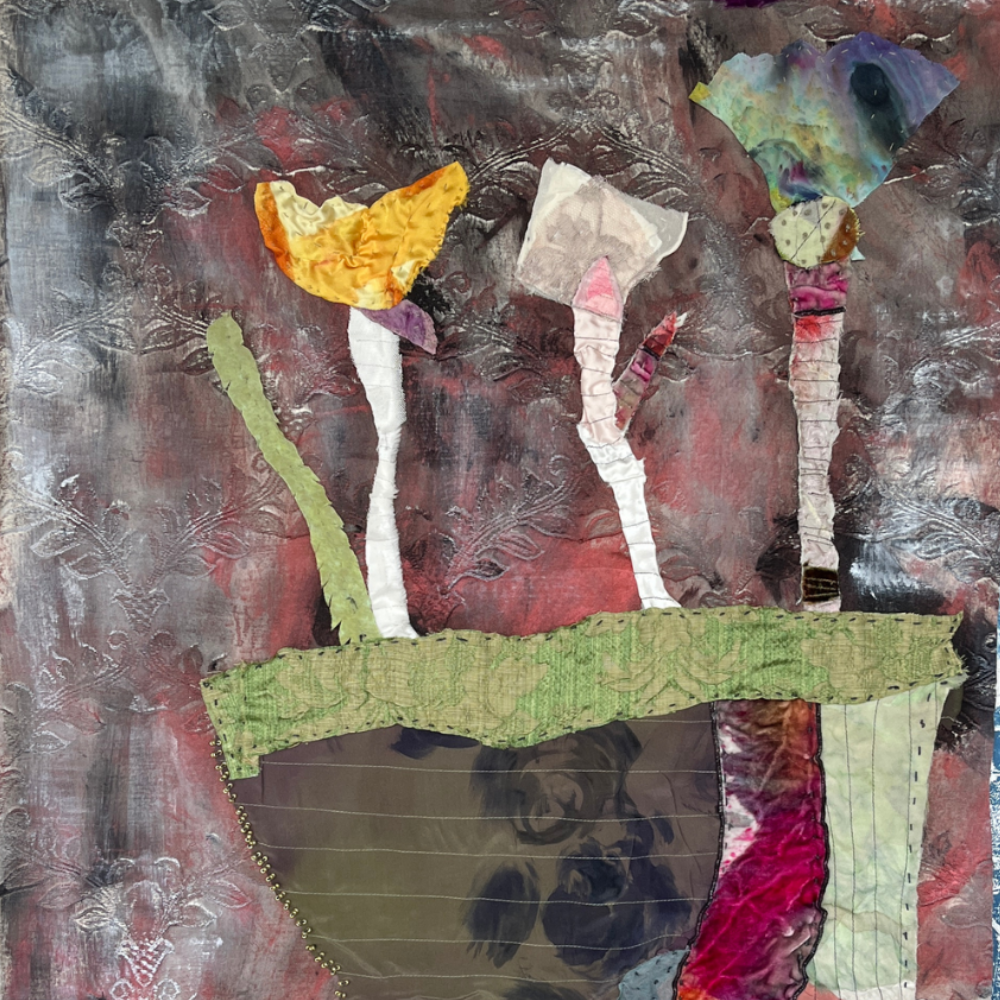 Collage art with textured background and colorful elements
