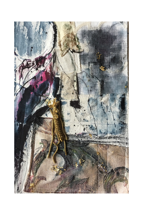 Abstract art piece with a mix of colors and textures on a white background