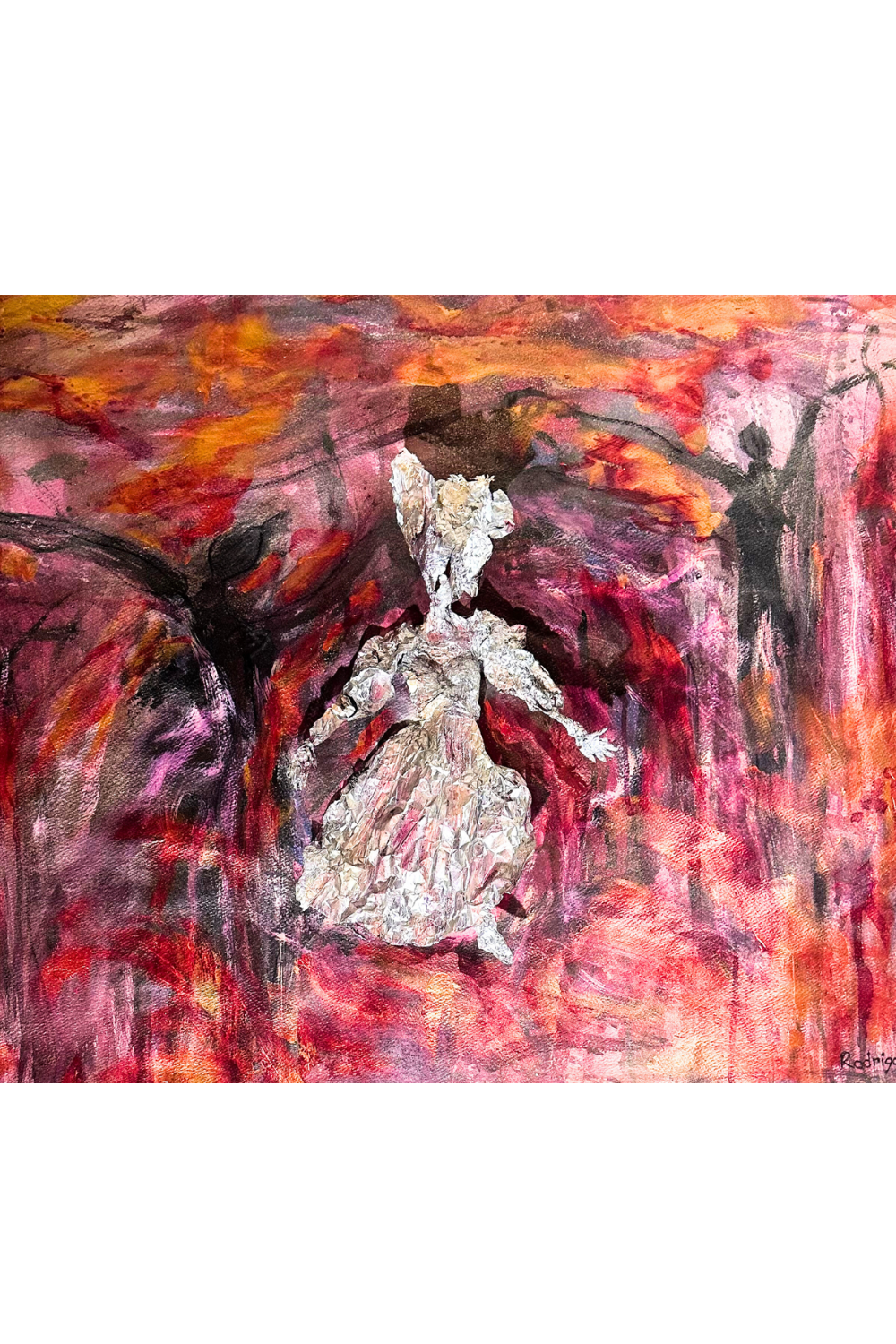 Abstract artwork with a central figure in a white dress against a vibrant red and orange background.