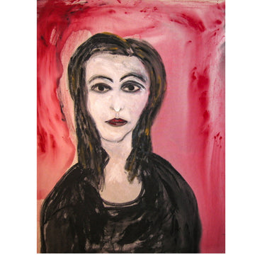 Expressionist portrait of a woman named Mirabel with intense eyes and dark clothing, set against red-pink abstract background. From the She in Red collection.