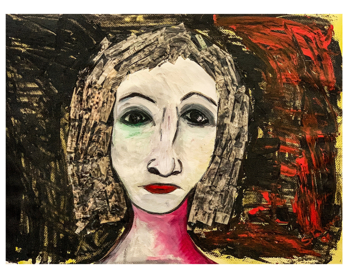 Portrait of a woman named Regina with red lips, expressive eyes, and textured black-and-red collage hair, against a dark painted background.