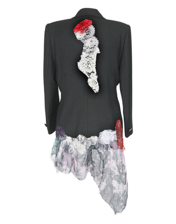 Art print of a couture jacket titled Elena Jacket, created by Sara Palacios with red lace, floral white appliqué, and flowing marbled sheer fabric.
