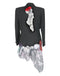 Art print of a couture jacket titled Elena Jacket, created by Sara Palacios with red lace, floral white appliqué, and flowing marbled sheer fabric.
