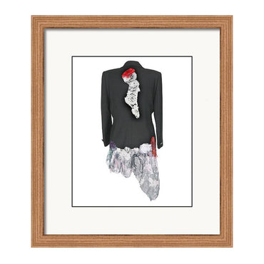 Art print of a couture jacket titled Elena Jacket, created by Sara Palacios with red lace, floral white appliqué, and flowing marbled sheer fabric.
