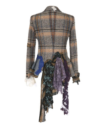 Art print of a handmade plaid jacket titled Rosalie Jacket, designed by Sara Palacios with layered lace, fiber embellishments, and vintage tailoring.