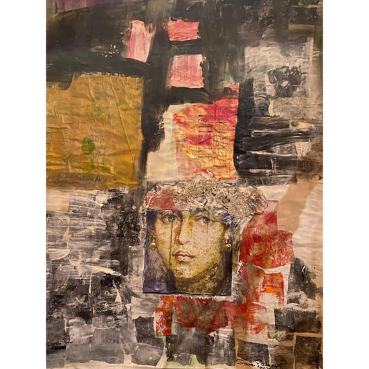 Mixed media portrait of a woman framed in stitched and painted textures, with a lace headdress and expressive eyes, surrounded by red, gold, and black tones.