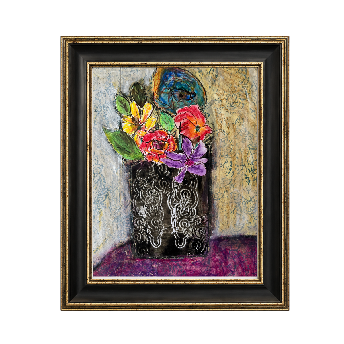 Framed still life painting of a black patterned vase filled with colorful flowers, including yellow, red, purple, and blue blossoms, set against a textured beige and blue background. The artwork is housed in a black frame with a gold inner border and outer gold trim, shown on a plain white background.