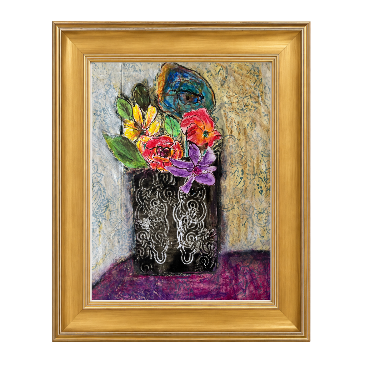 A framed still life painting featuring a black ornate vase filled with colorful flowers, including yellow, red, orange, and purple blossoms, set against a textured beige and blue background. The artwork is housed in a wide, ornate gold frame.