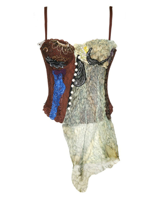 Art print of a handmade corset titled Fauna Corset, created by Sara Palacios using lace, beading, pearls, and fiber collage in earth tones.
