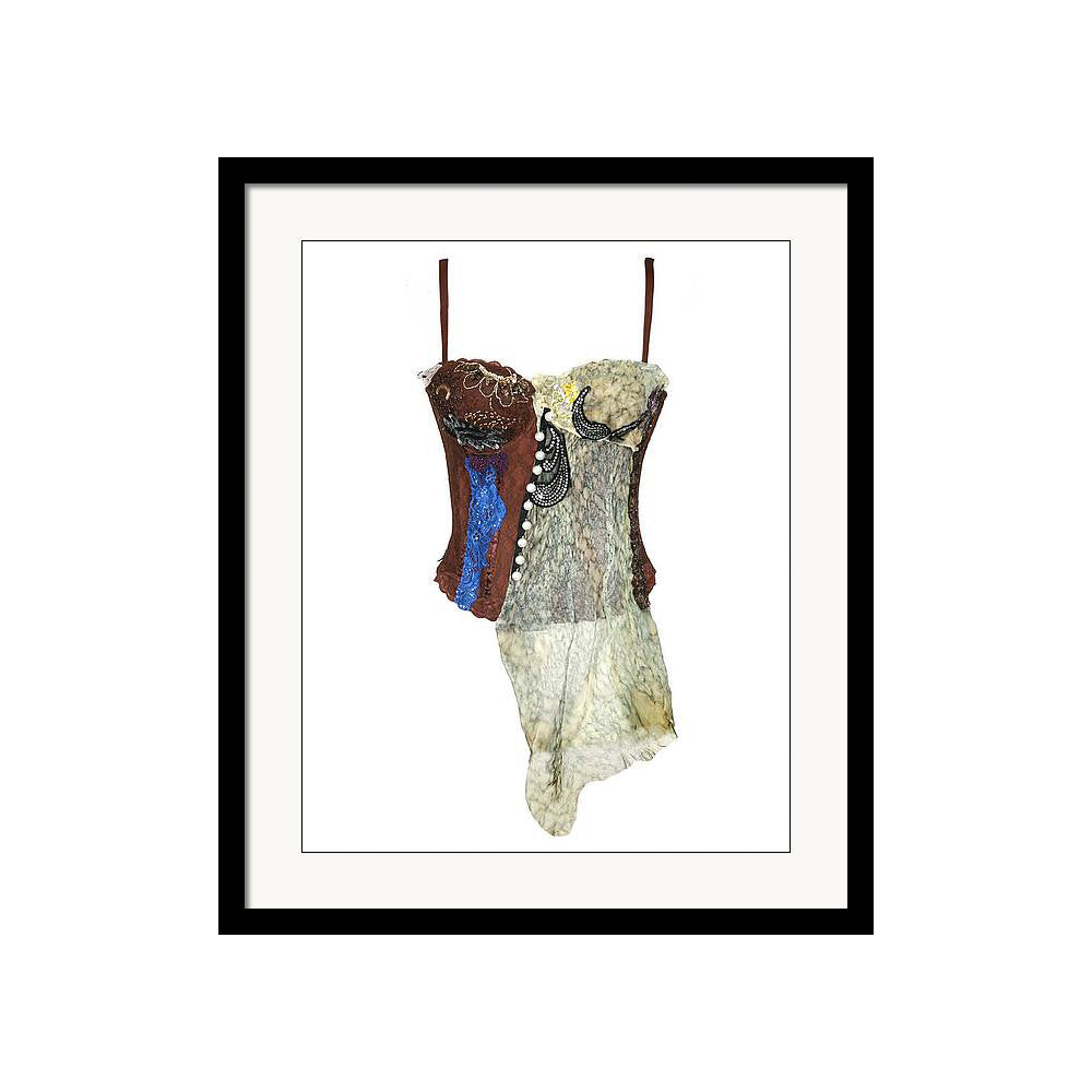 Art print of a handmade corset titled Fauna Corset, created by Sara Palacios using lace, beading, pearls, and fiber collage in earth tones.
