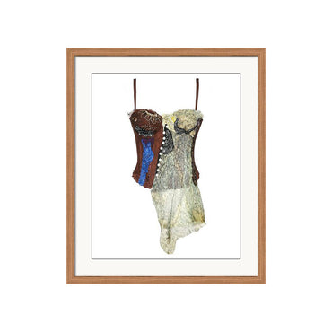 Art print of a handmade corset titled Fauna Corset, created by Sara Palacios using lace, beading, pearls, and fiber collage in earth tones.
