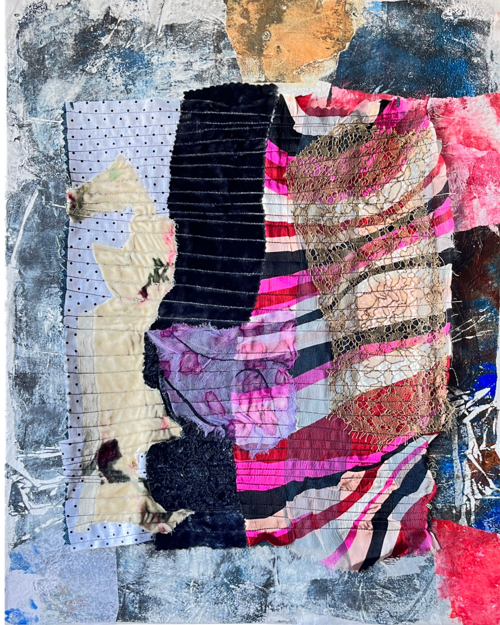 Collage art with abstract patterns and shapes on a textured background