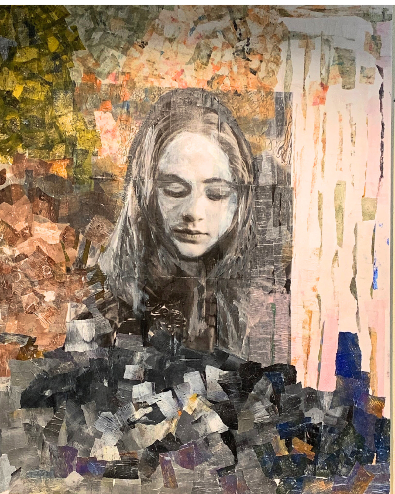 Artistic portrait of a woman made from cut-out newspaper clippings with a colorful background.