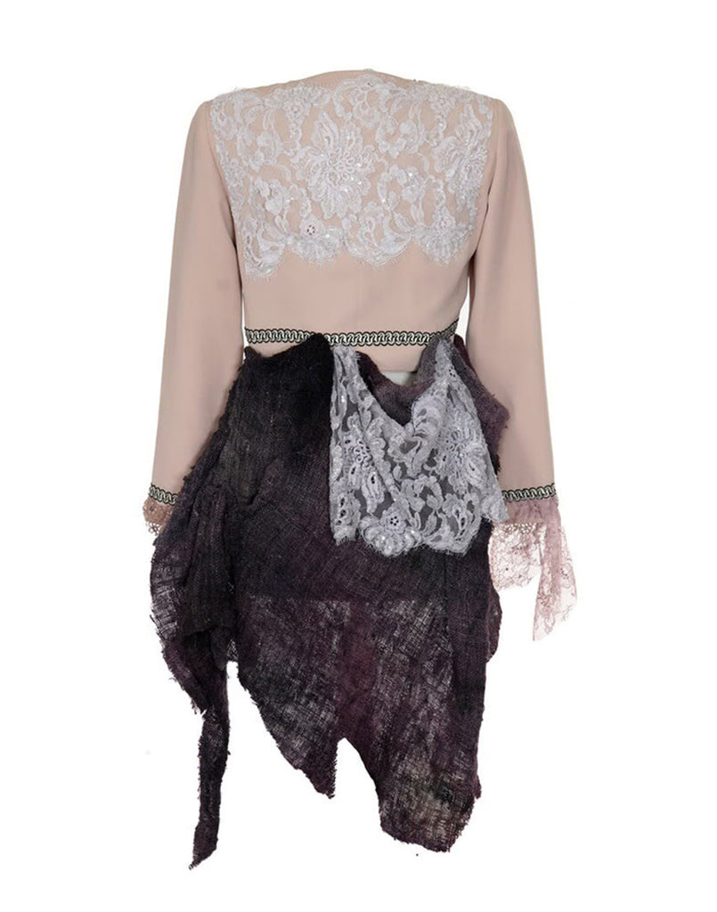 Art print of a one-of-a-kind jacket titled Fleur Jacket, designed by Sara Palacios with lace, textured fabric panels, and hand-embellished details.
