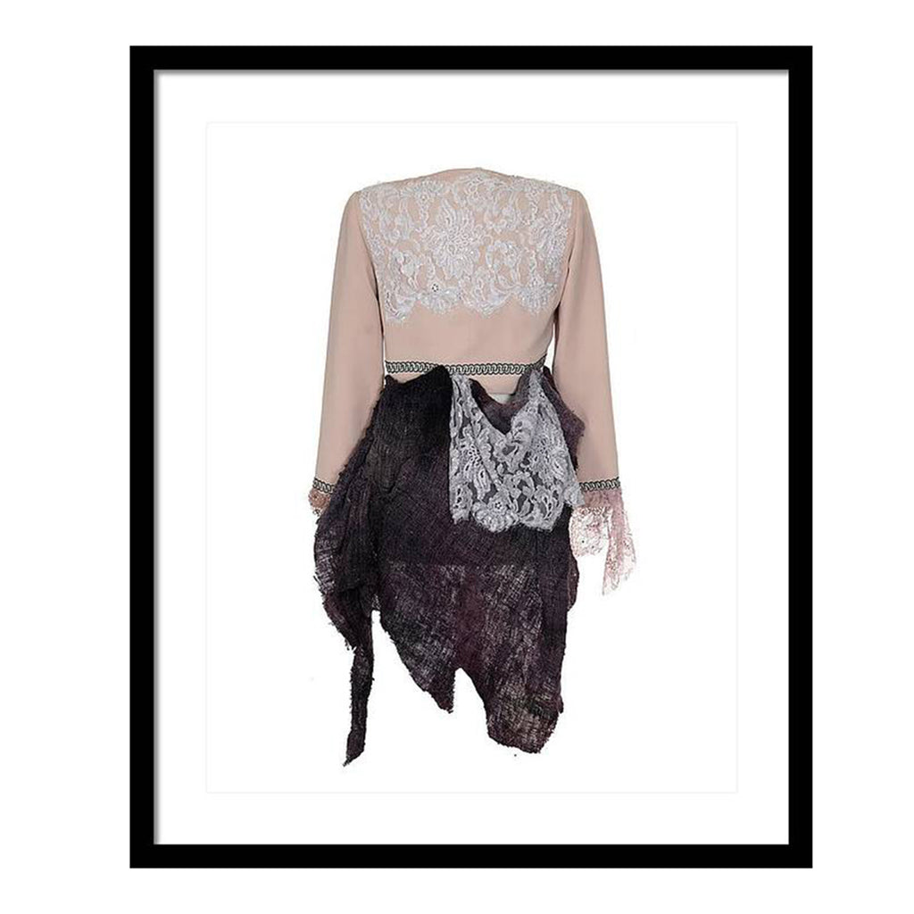 Art print of a one-of-a-kind jacket titled Fleur Jacket, designed by Sara Palacios with lace, textured fabric panels, and hand-embellished details.
