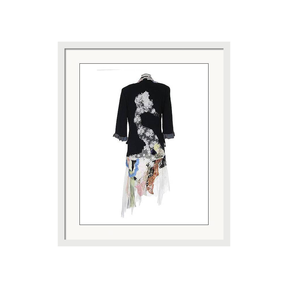 Flora Jacket is a stunning art print of a unique jacket by Sara Palacios, designed with lace appliqué, fabric collage, and handcrafted embellishments.
