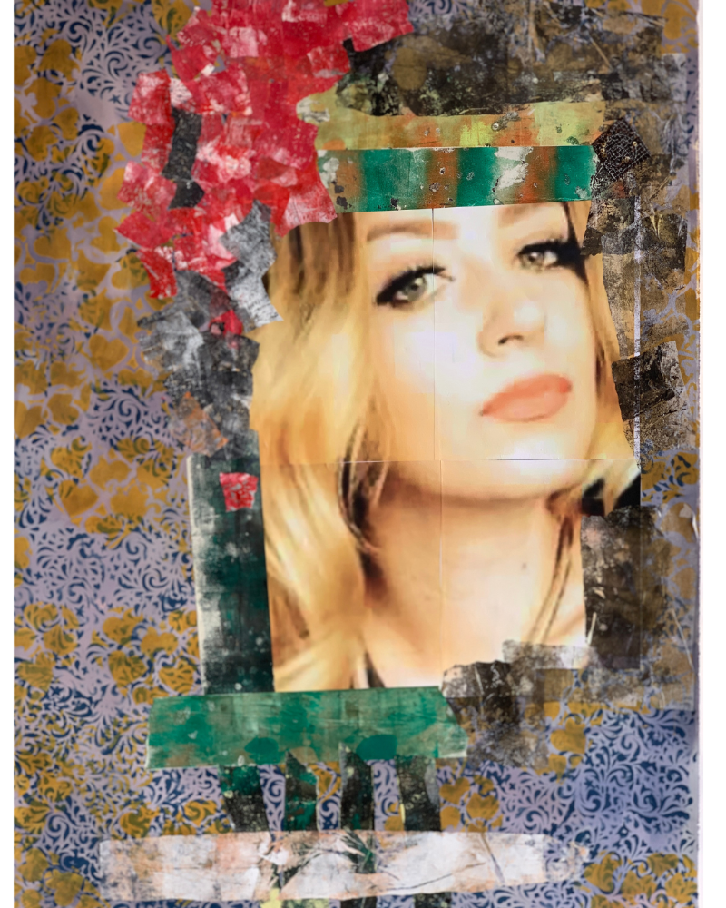 Collage art with a woman's face and colorful patterns