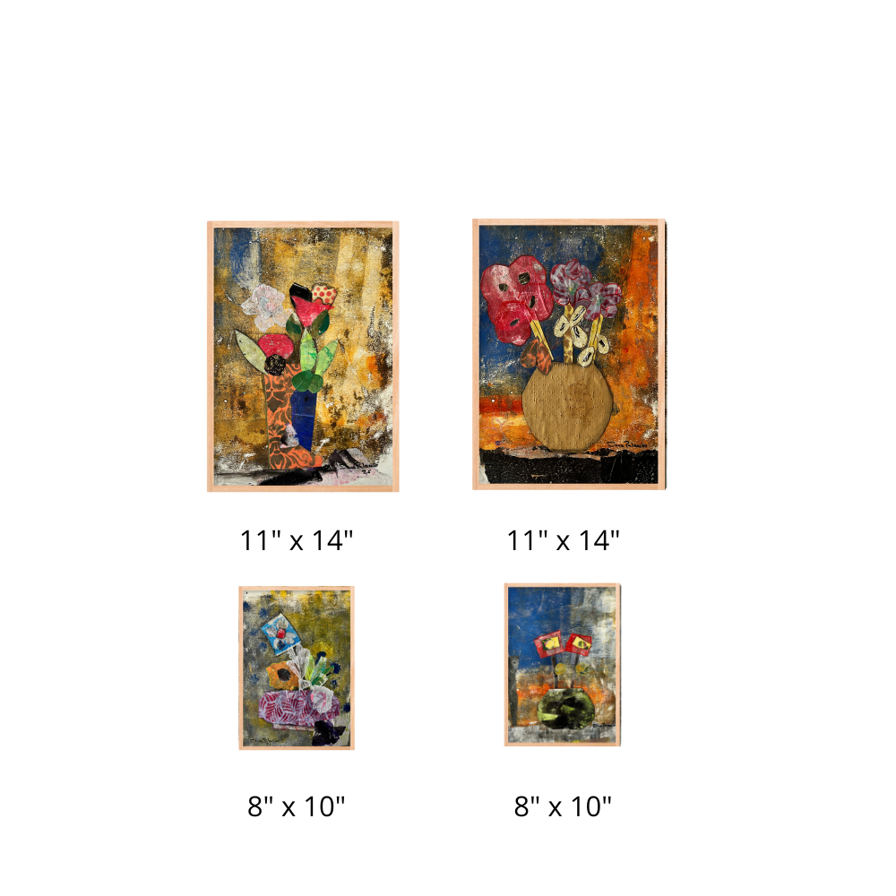 Set of four floral art prints with dimensions displayed below each.