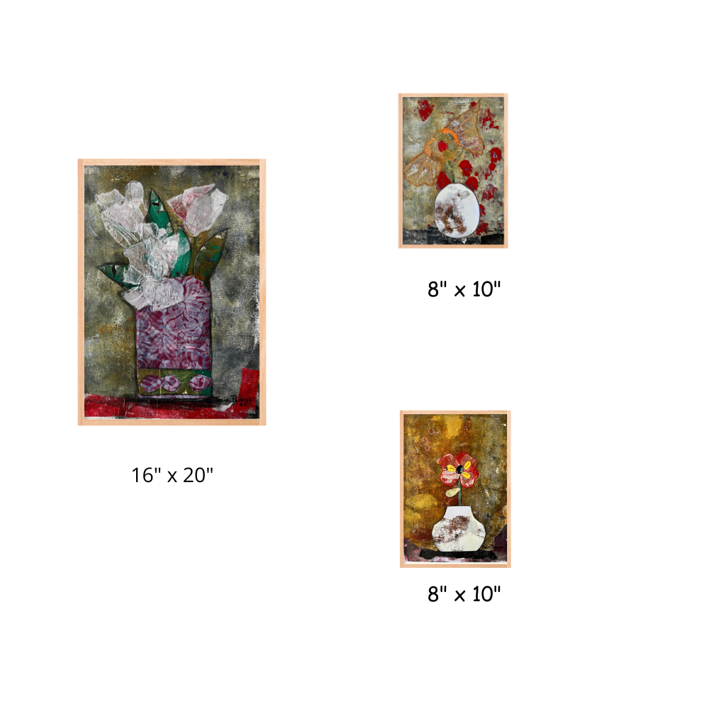 Three framed artworks with dimensions displayed on a white background
