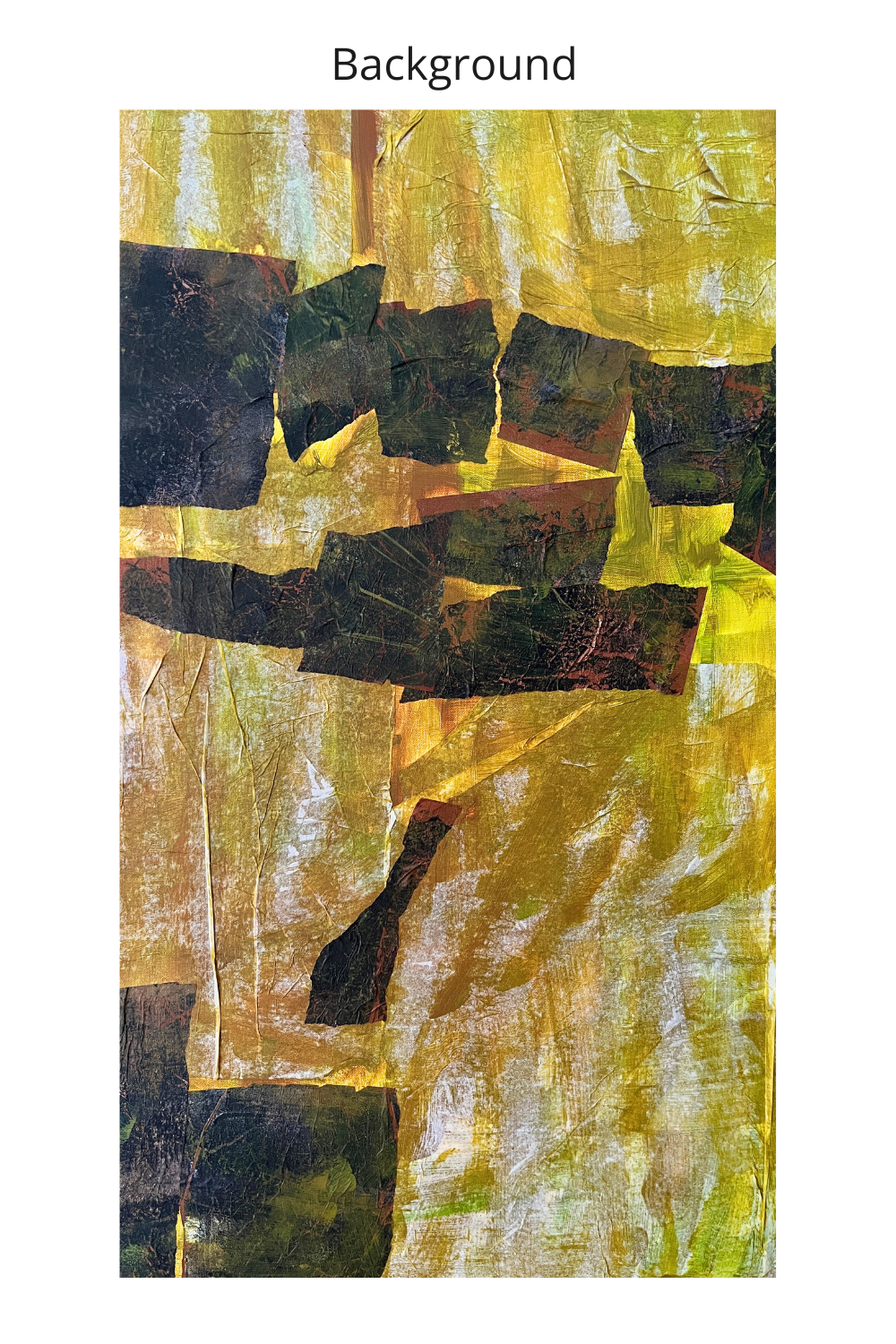 An abstract textured painting with a title label 'Background' at the top, featuring a mix of yellow, gold, olive green, and dark charcoal blocks on a white canvas background.