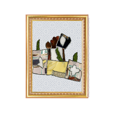 Framed abstract artwork with colorful elements on a white background