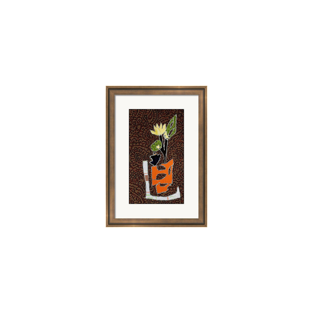 Framed artwork of a glass with a flower on a white background