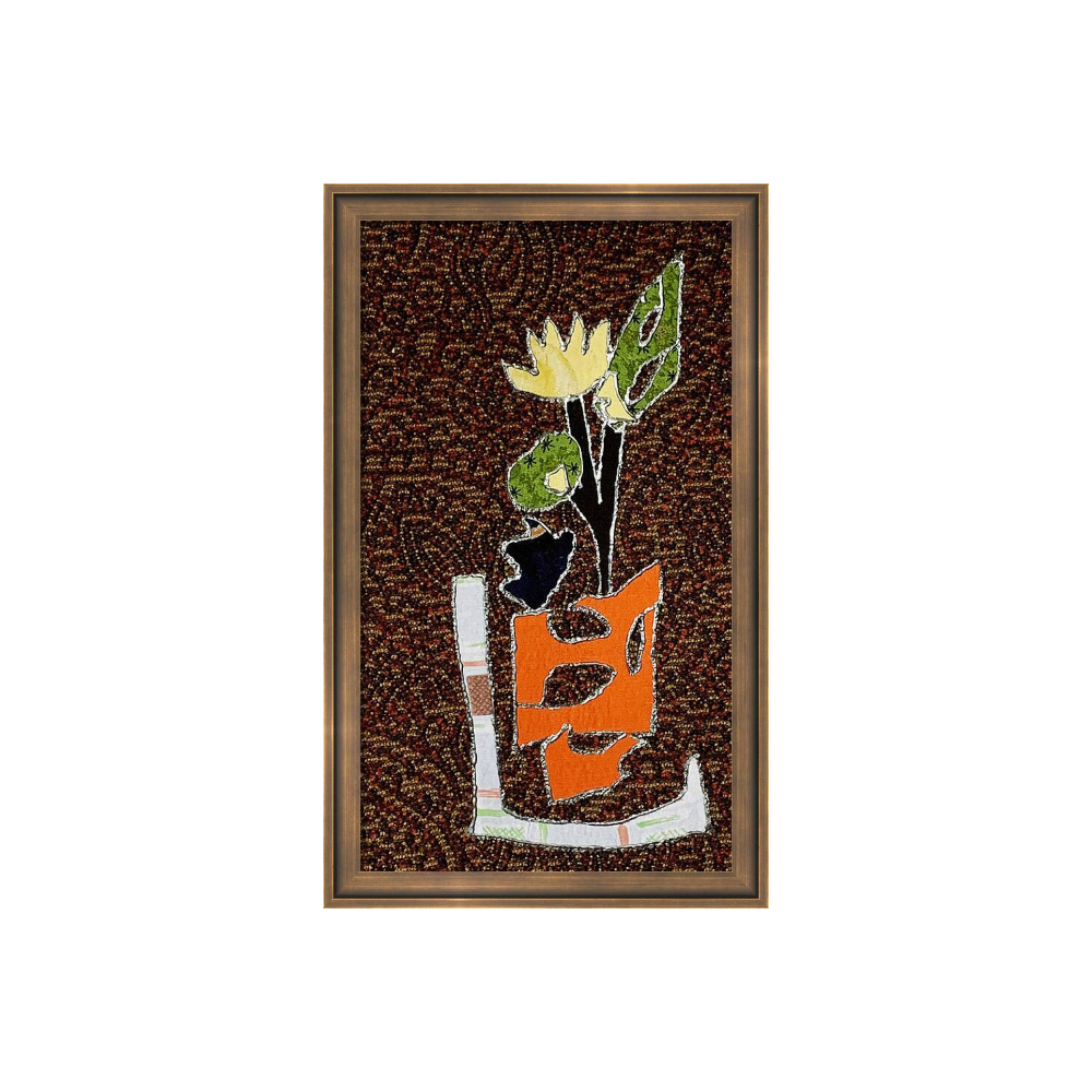 Abstract mosaic artwork of a flower and mask on a brown background