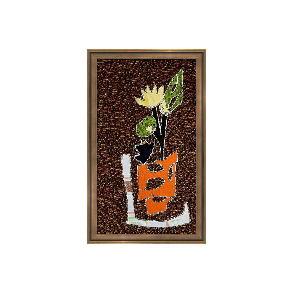 Abstract mosaic artwork of a flower and mask on a brown background