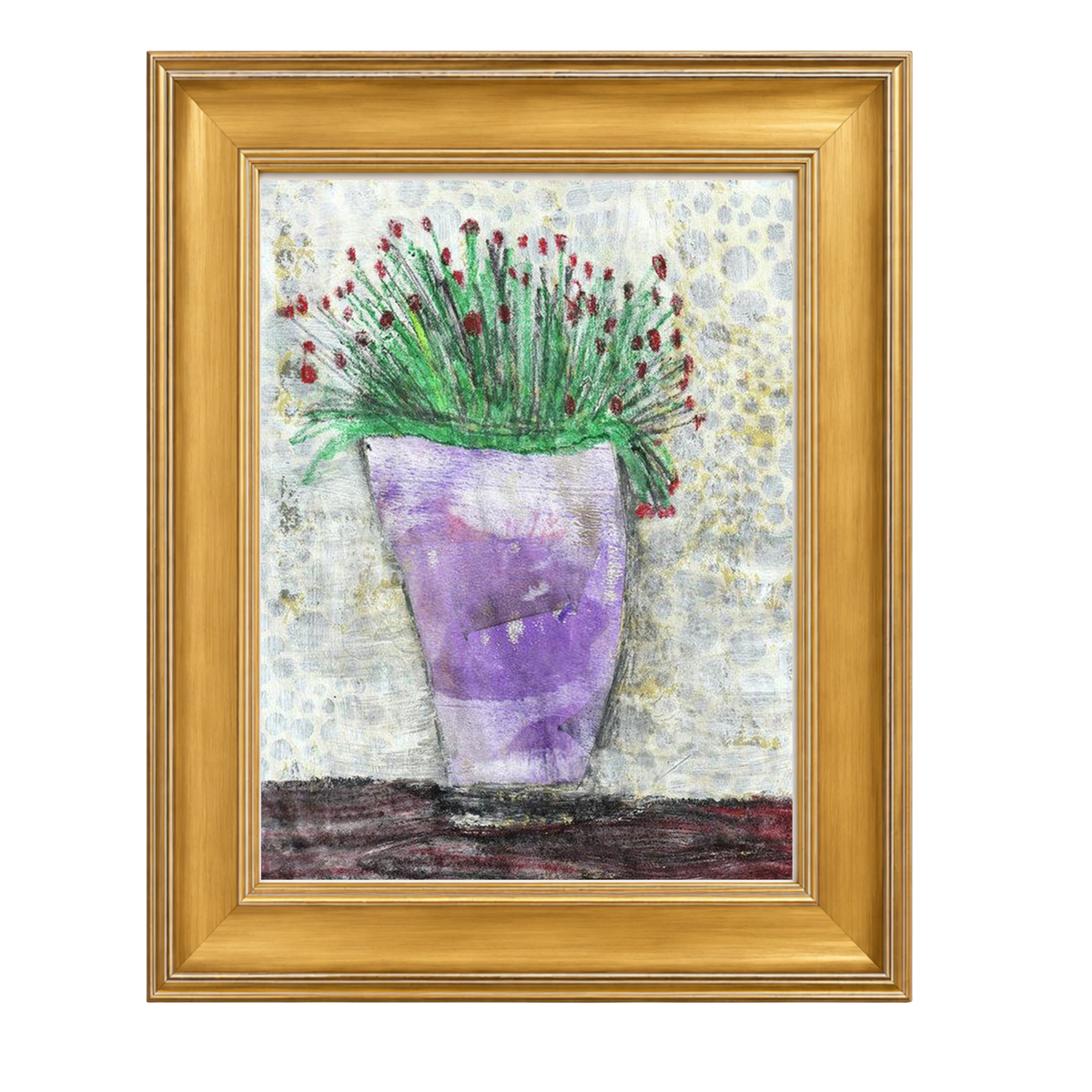 A framed painting featuring a purple textured vase filled with green stems and small red flowers, set against a light speckled background, enclosed in a gold frame.