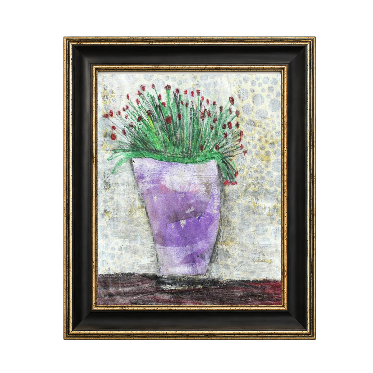 Framed mixed-media painting of a purple flower vase with green stems and red blossoms, set against a textured light background, enclosed in a black frame with gold trim.