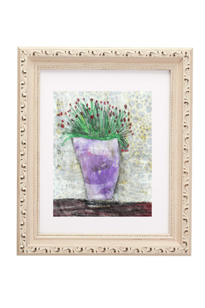 Framed artwork of a purple vase with plants on a white background