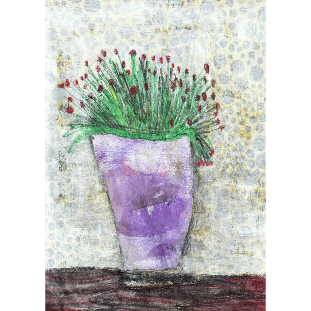 Mixed media collage titled Growing Moon by Sara Palacios. The piece features a tall lavender vase filled with fine green stems and small red buds, set against a softly textured, patterned background in pale gray and yellow tones.