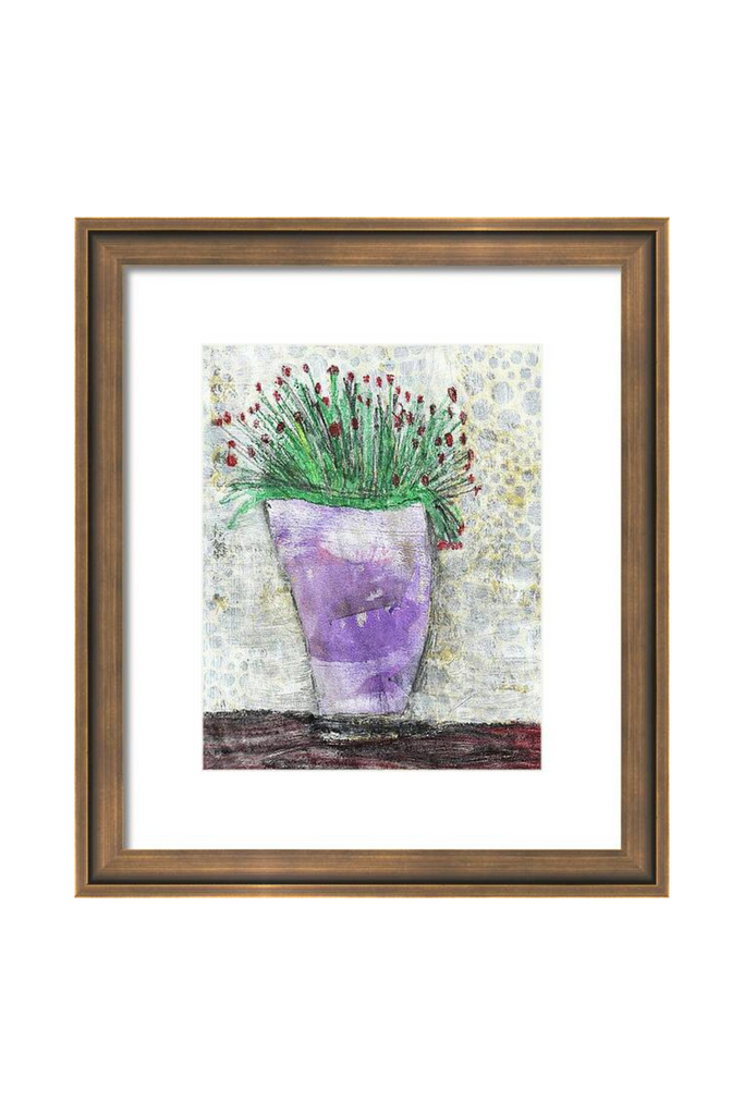 Framed artwork of a purple vase with green plant on a textured background