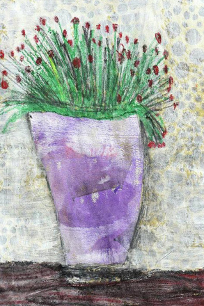 Artistic depiction of a purple vase with green plant and red flowers on a textured background