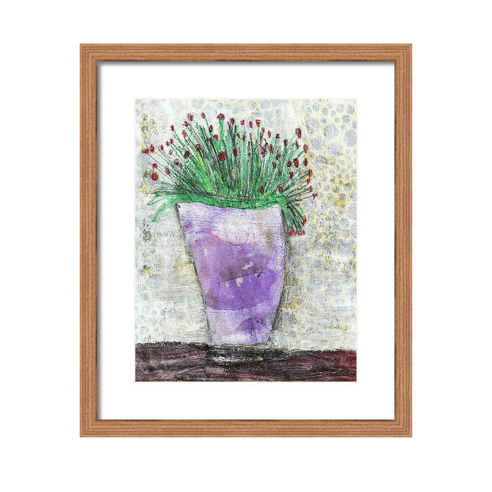 Mixed media collage titled Growing Moon by Sara Palacios. The piece features a tall lavender vase filled with fine green stems and small red buds, set against a softly textured, patterned background in pale gray and yellow tones.
