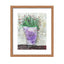 Mixed media collage titled Growing Moon by Sara Palacios. The piece features a tall lavender vase filled with fine green stems and small red buds, set against a softly textured, patterned background in pale gray and yellow tones.