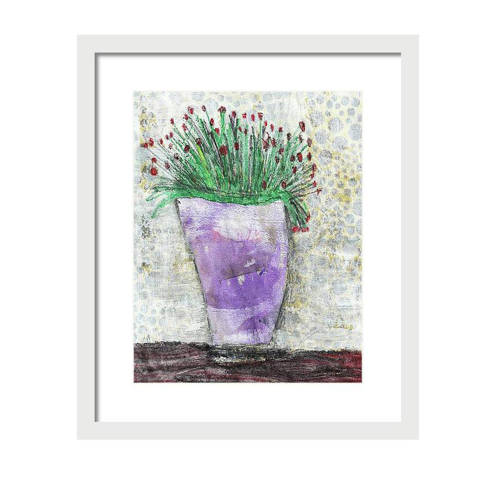 Mixed media collage titled Growing Moon by Sara Palacios. The piece features a tall lavender vase filled with fine green stems and small red buds, set against a softly textured, patterned background in pale gray and yellow tones.