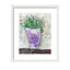 Mixed media collage titled Growing Moon by Sara Palacios. The piece features a tall lavender vase filled with fine green stems and small red buds, set against a softly textured, patterned background in pale gray and yellow tones.