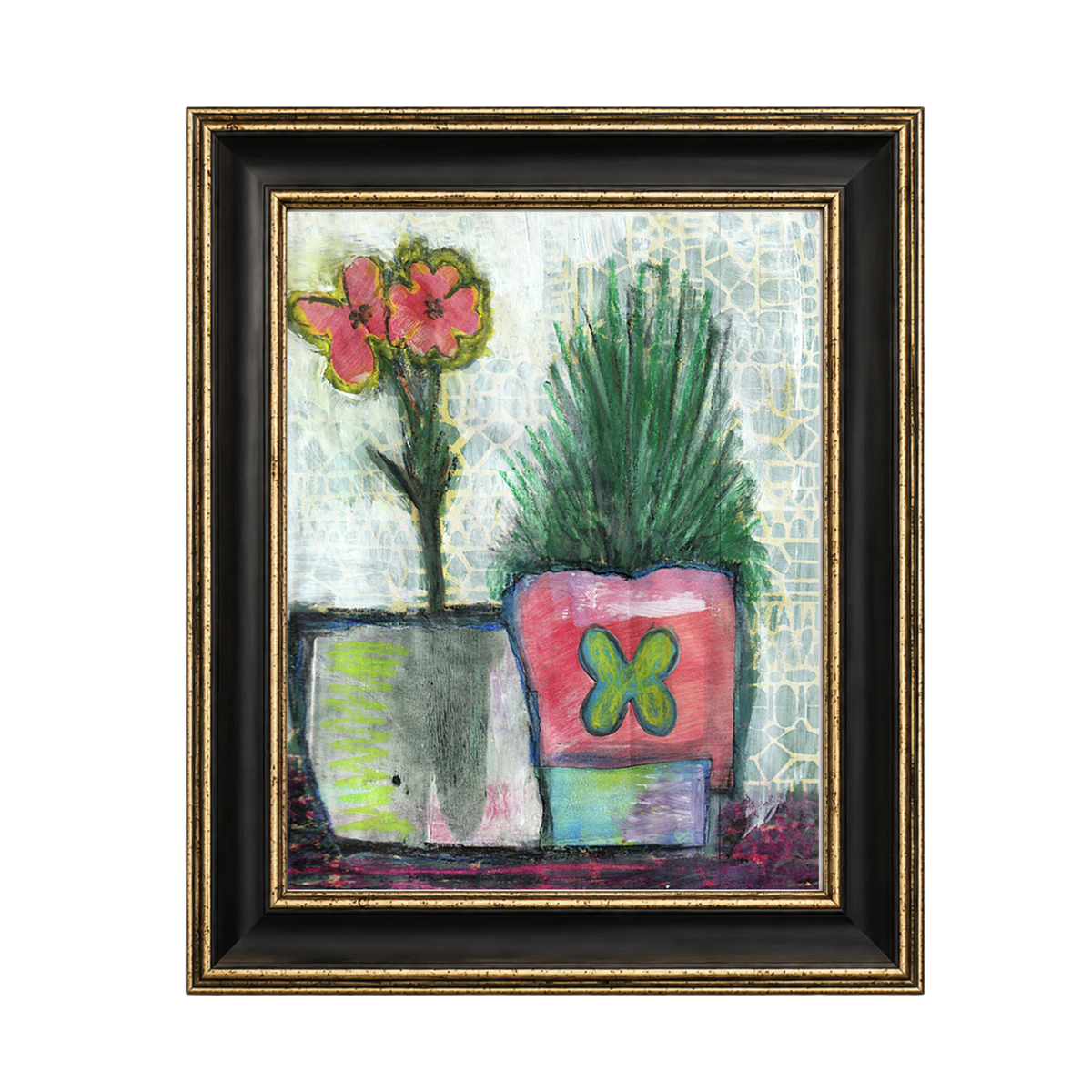A framed mixed-media painting of two potted plants, featuring pink flowers in a gray pot and a green succulent in a pink pot with a green cross design, set against a light patterned background. The artwork is housed in a black frame with a gold inner border.