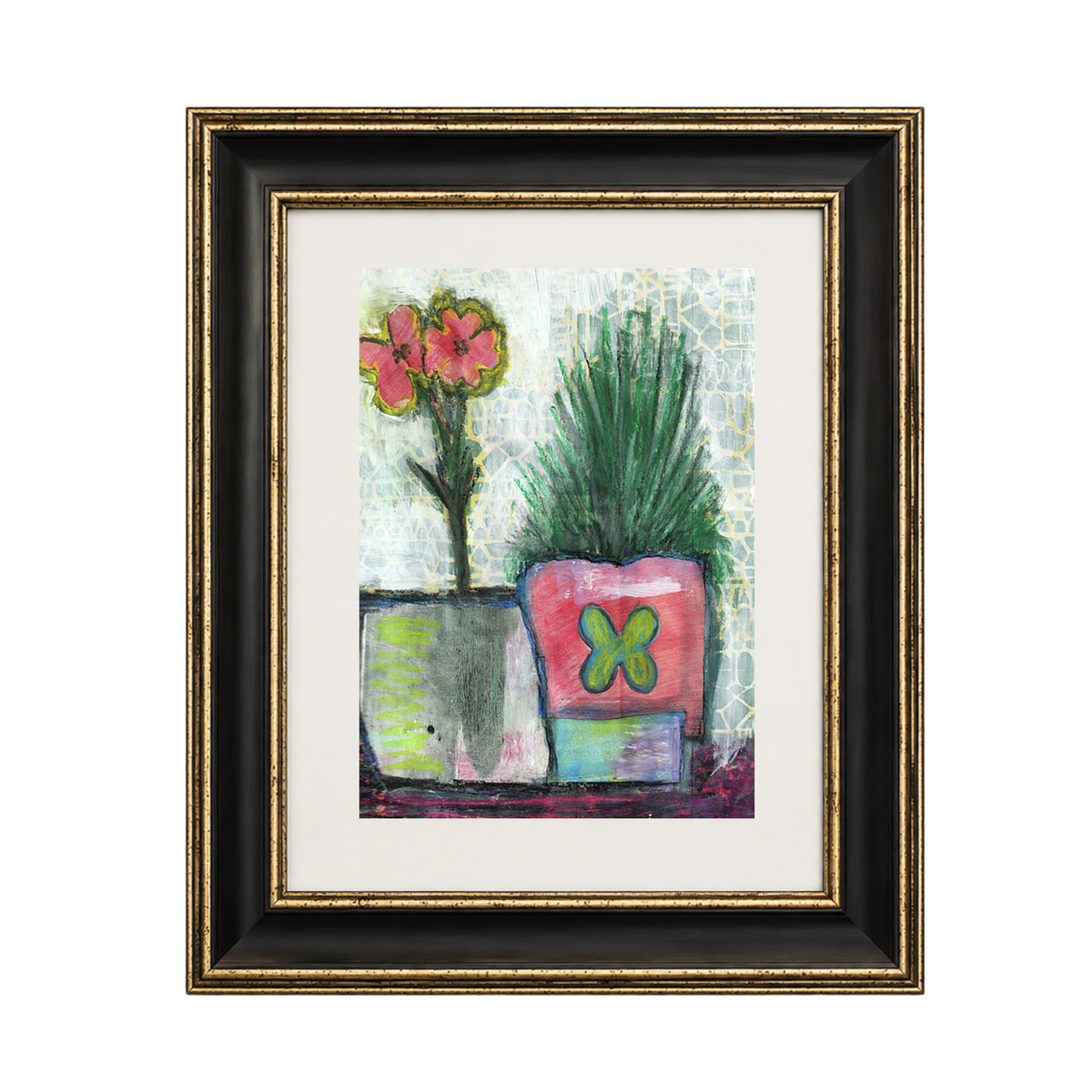 Framed mixed-media painting of two potted plants, featuring a pink flower in a gray pot and a green succulent in a pink pot with a green 'X' symbol, set in a black and gold frame with a white mat.
