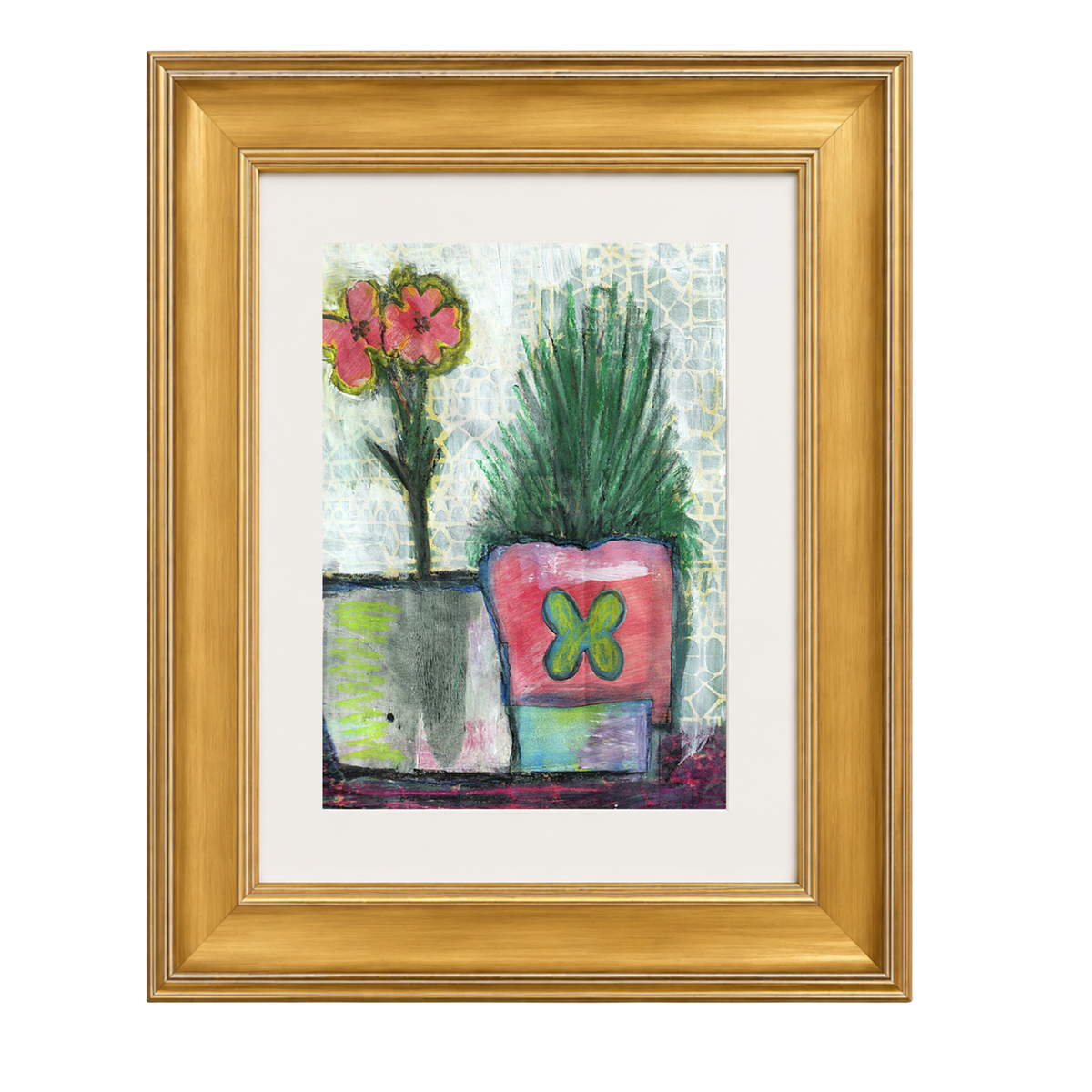 Framed art print featuring a colorful painting of two potted plants, one with pink flowers and one with green grass, set in a gold frame with a white mat.