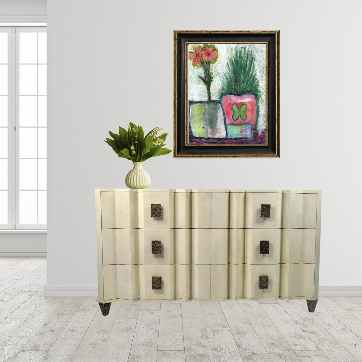 An elegant, large-scale display of the Harvest Moon fine art print by Sara Palacios, acting as an exquisite focal point inside a high-end gold frame over a credenza.
