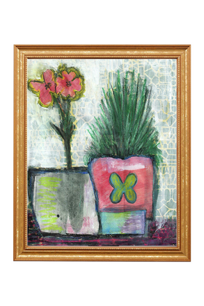 Framed artwork of potted plants with a colorful butterfly design on a white background